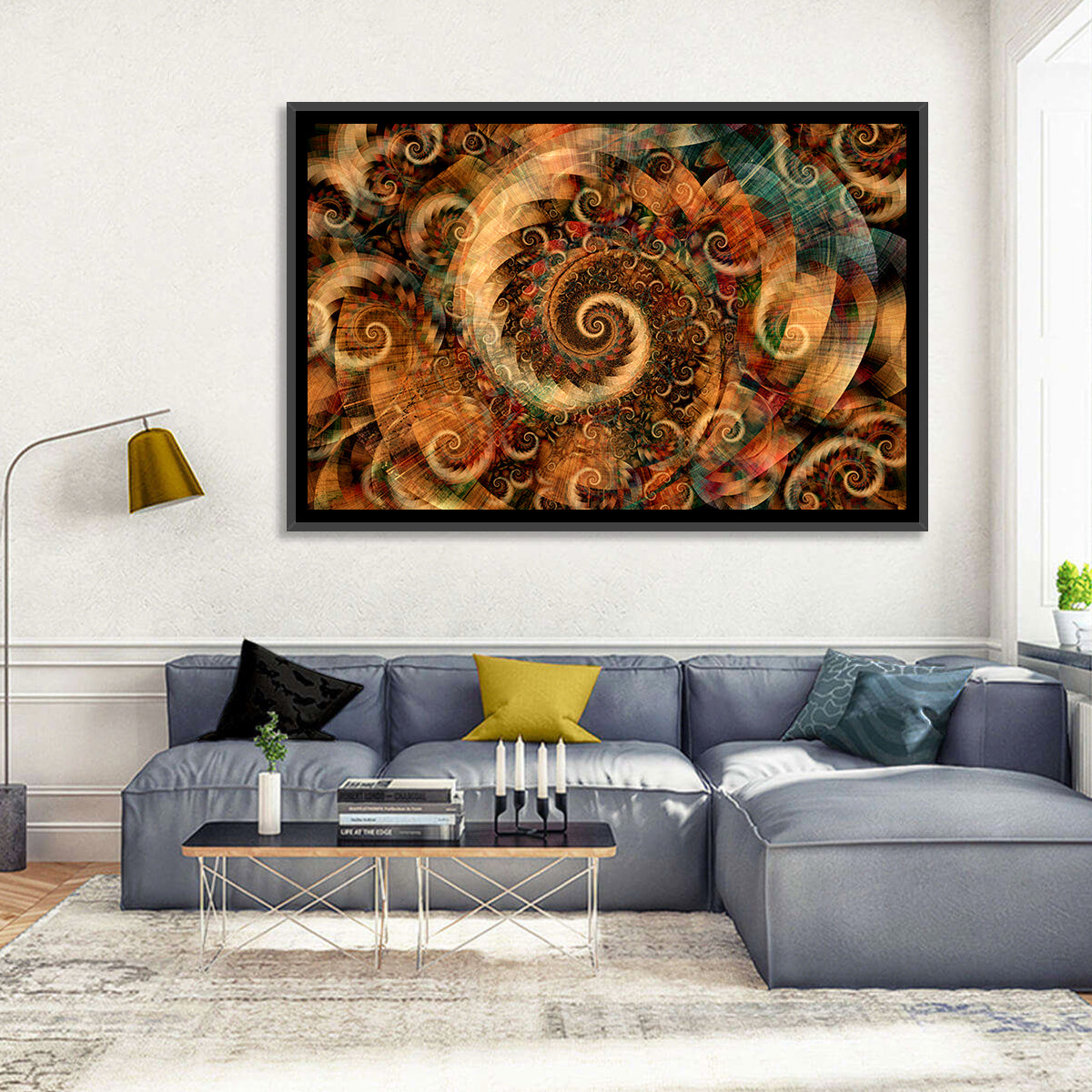 Golden Spiral Fractal Wall Art in a room, landscape