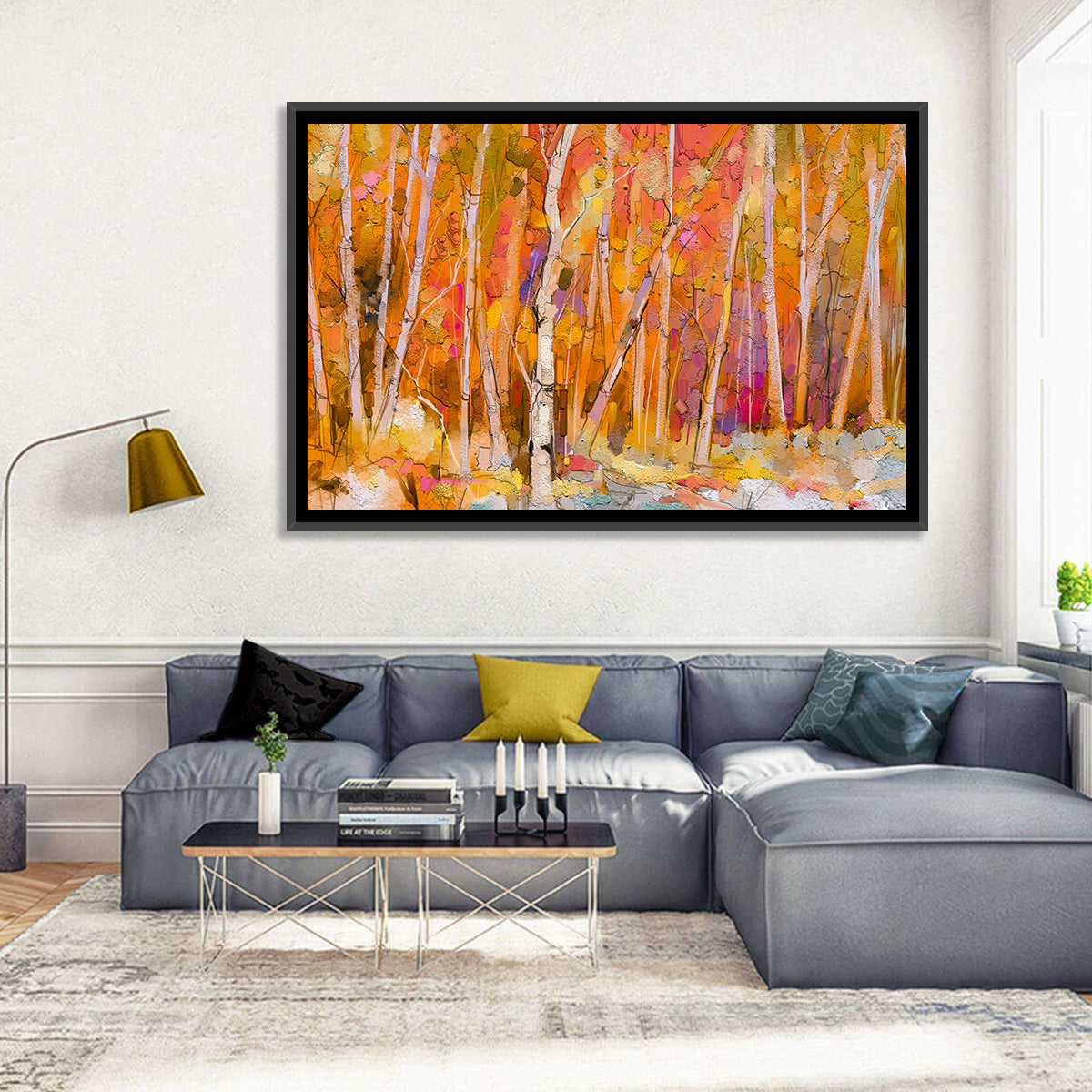Autumn Birch Grove Painting Wall Art in a room, landscape
