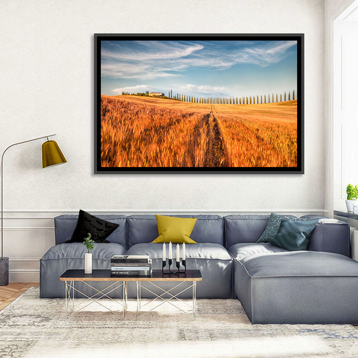 Tuscan Wheat Field Wall Art in a room, landscape
