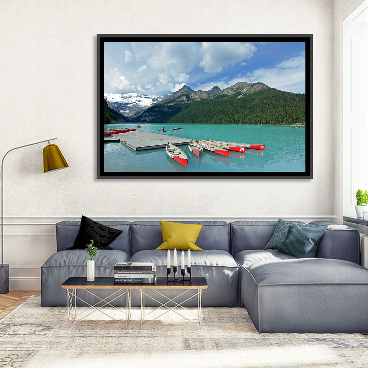 Red Canoes at Lake Louise Wall Art in a room, landscape