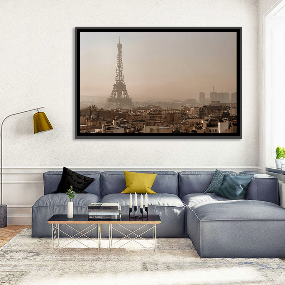 Eiffel Tower Over Paris Rooftops Wall Art in a room, landscape