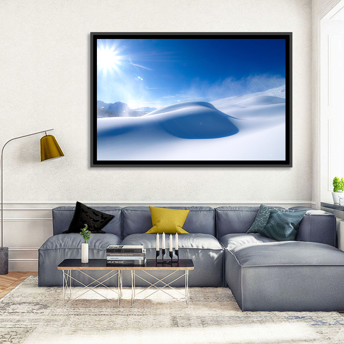 Sunlit Snow Dune Under Blue Sky Wall Art in a room, landscape