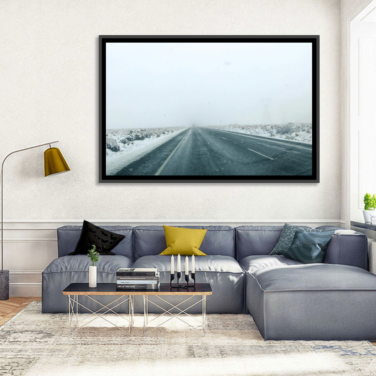 Foggy Winter Mountain Road Wall Art in a room, landscape