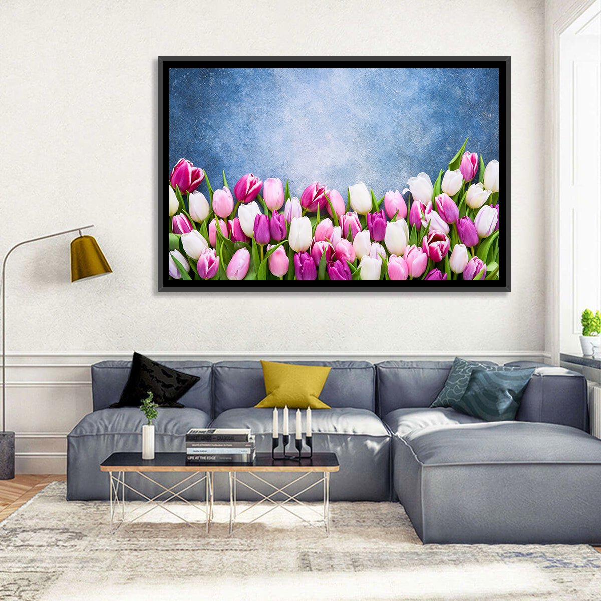 Tulips on Textured Blue Wall Art in a room, landscape