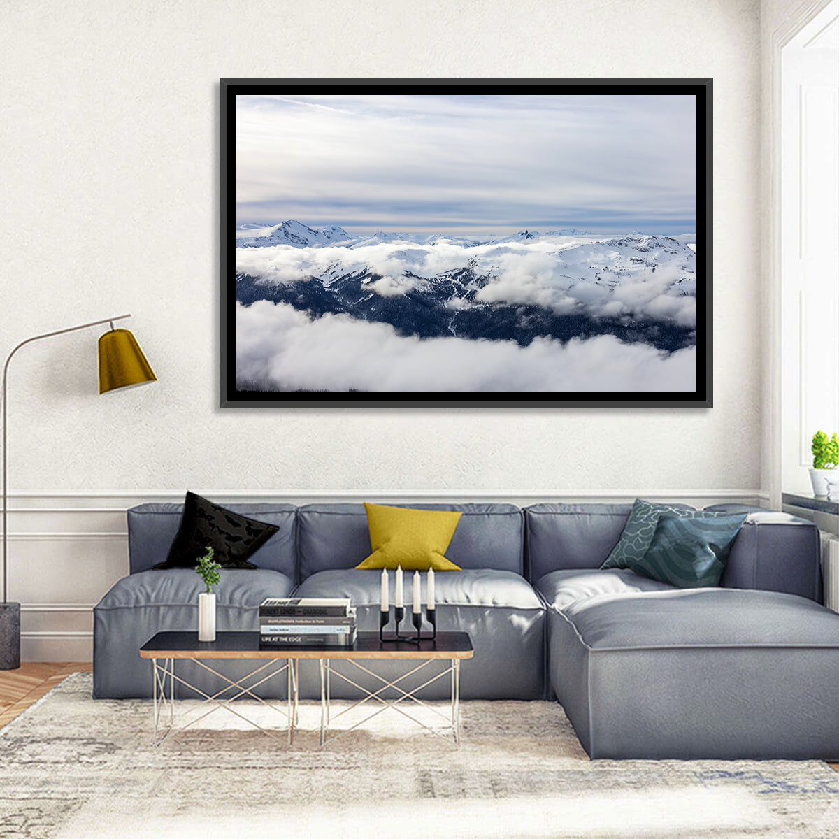 Snow-capped Whistler Peaks Wall Art in a room, landscape