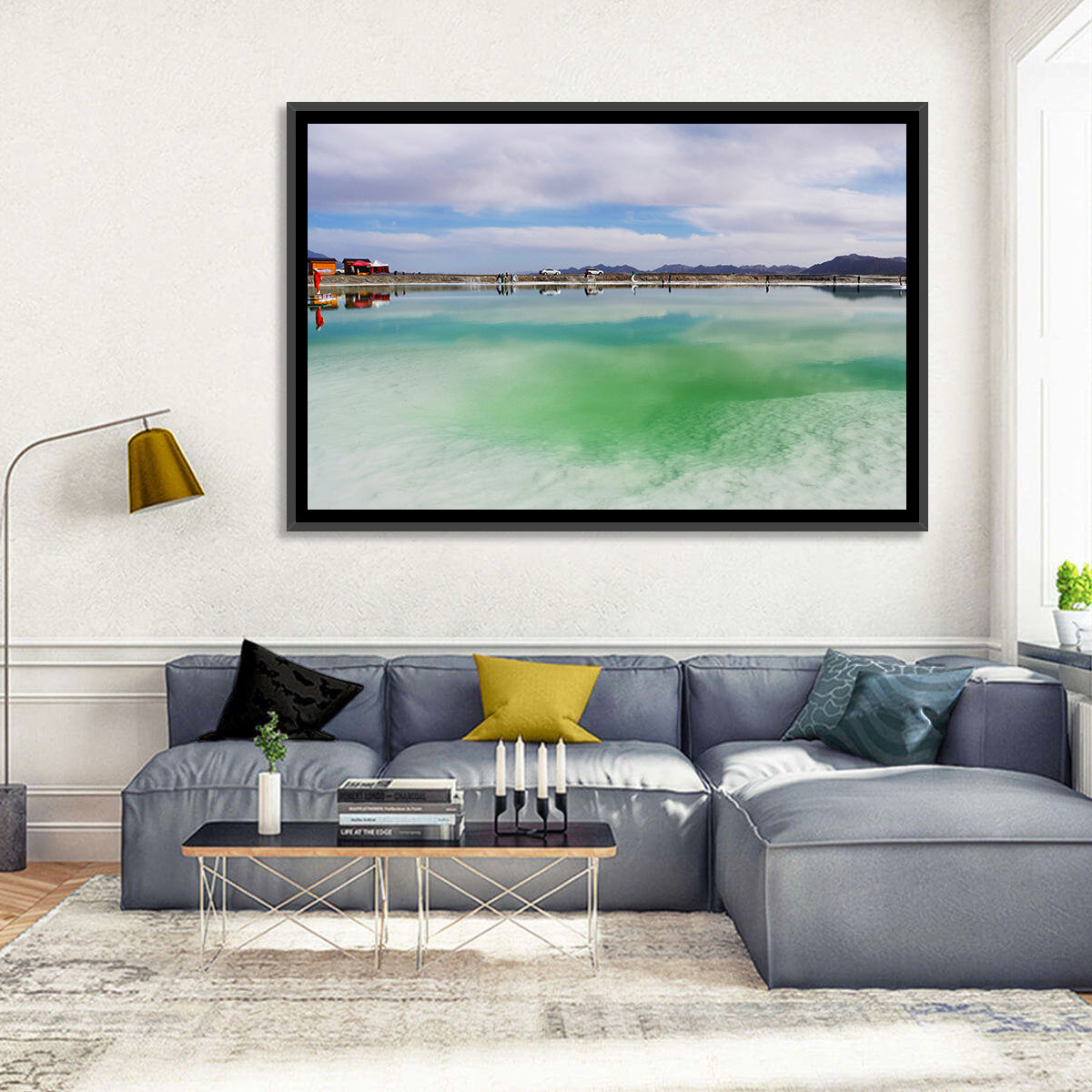 Emerald Salt Lake Wall Art in a room, landscape
