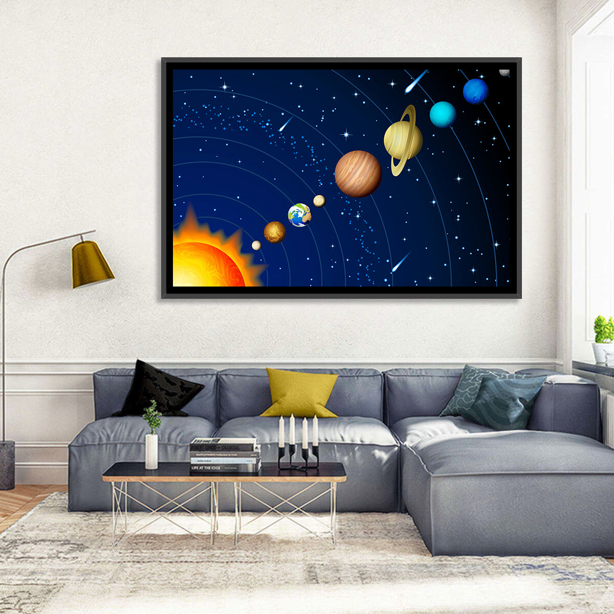 Diagonal Solar System Illustration Wall Art in a room, landscape