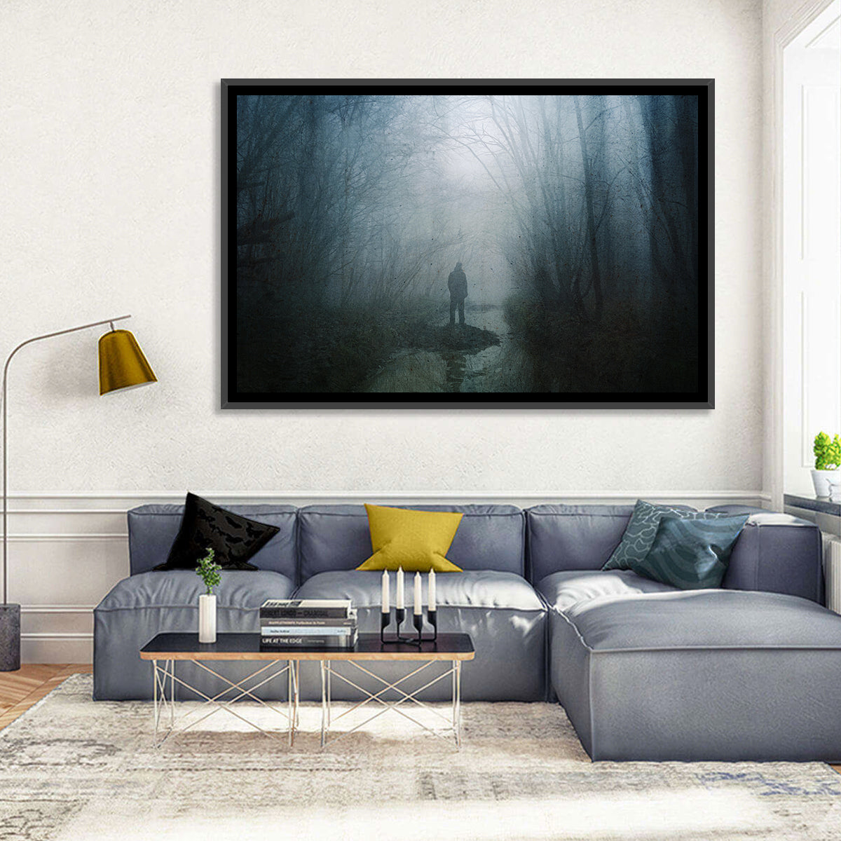 Foggy Forest Pathway Wall Art in a room, landscape