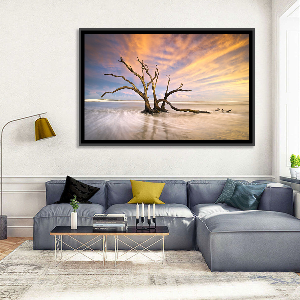 Folly Beach Driftwood Sunset Wall Art in a room, landscape