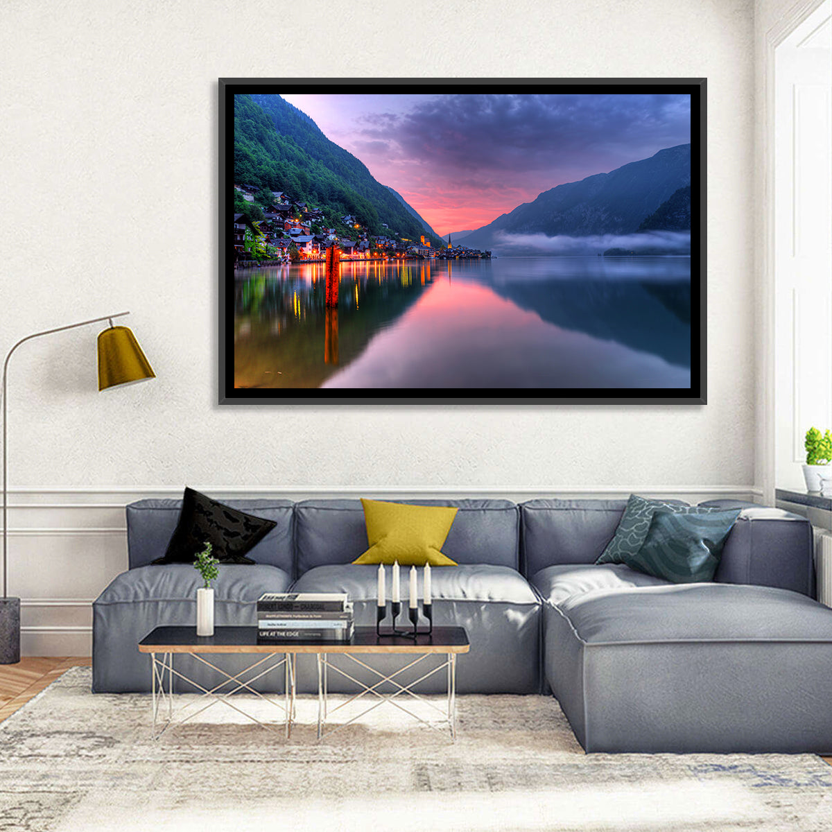 Hallstatt Mountain Village Wall Art in a room, landscape