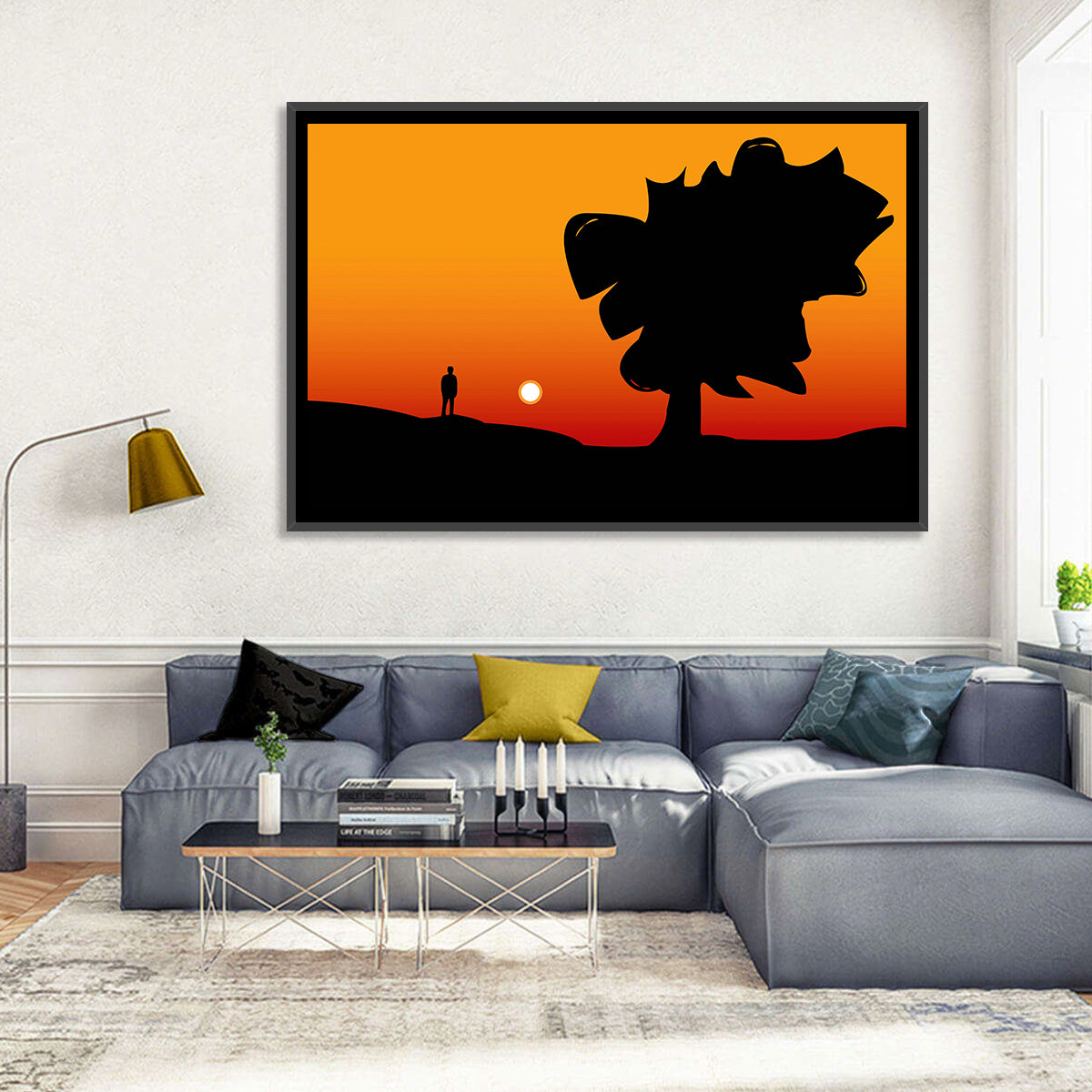 Solitary Sunset Silhouette Wall Art in a room, landscape