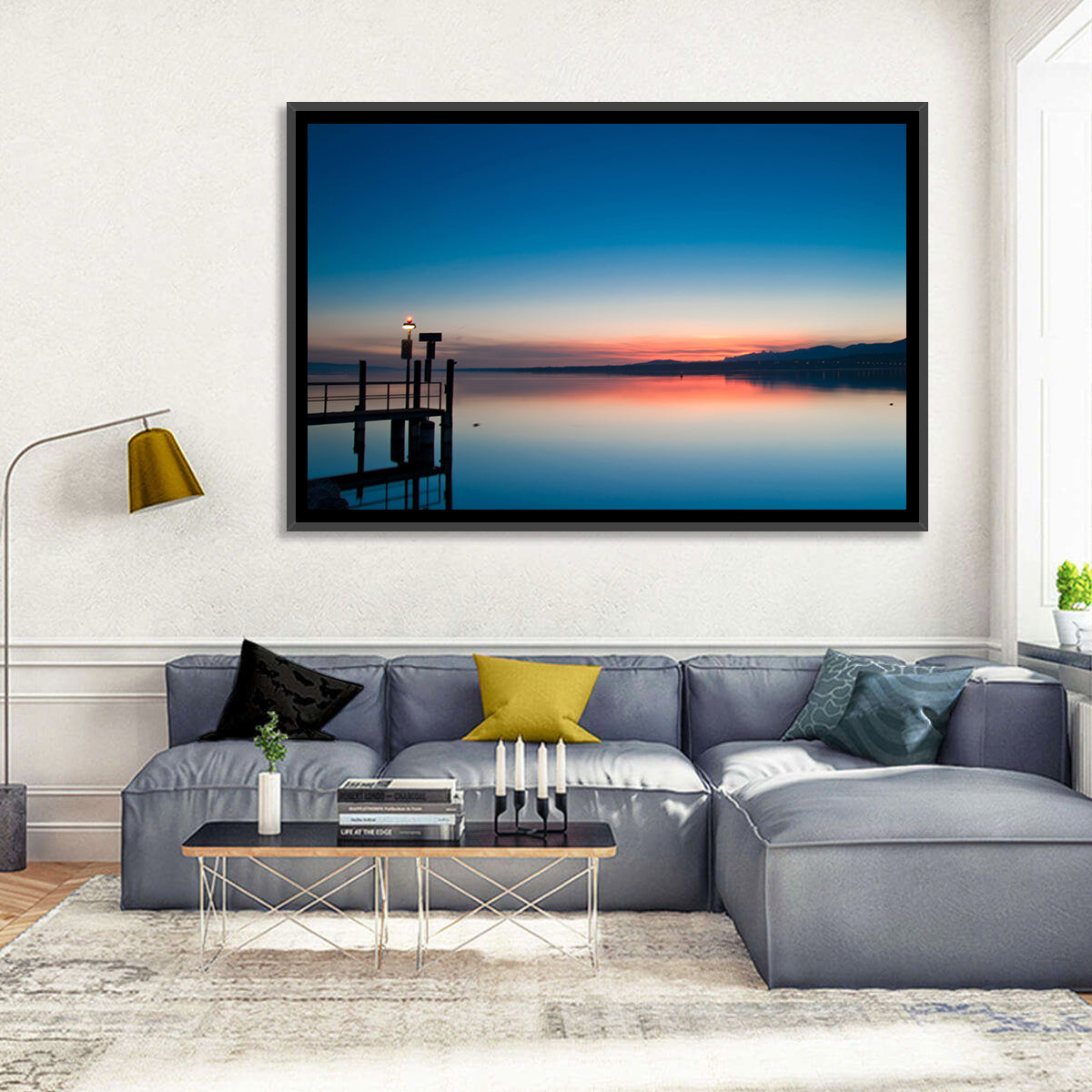 Lake Geneva Sunrise Pier Wall Art in a room, landscape
