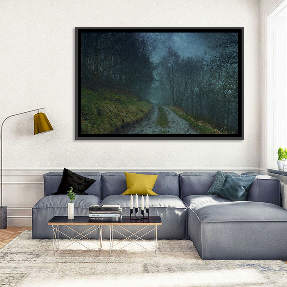 Misty Forest Pathway Wall Art in a room, landscape