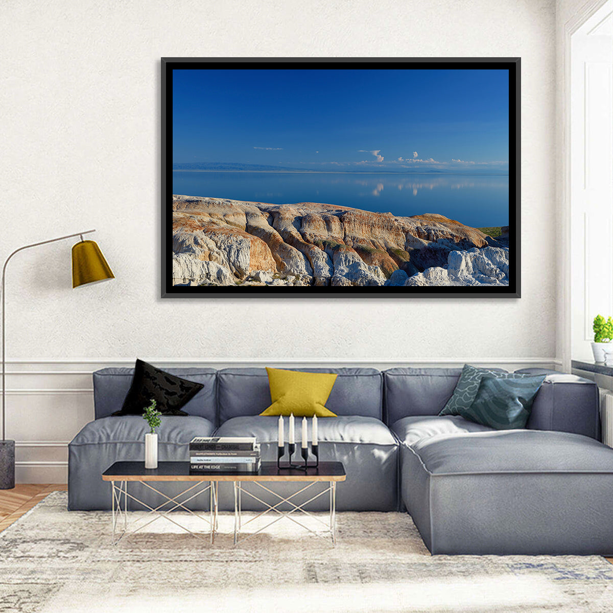 Shekelmes Tract Cliff Over Lake Wall Art in a room, landscape