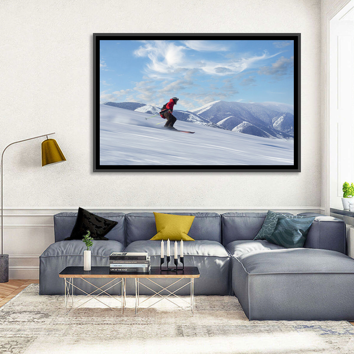 Skier on Snowy Mountain Slope Wall Art in a room, landscape