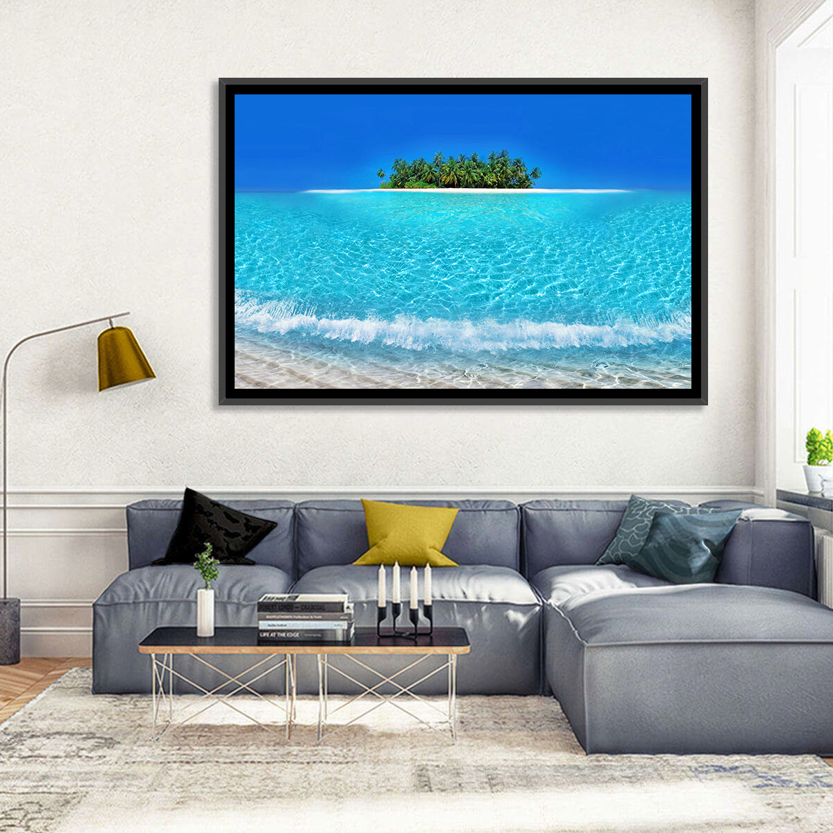 Turquoise Atoll Sandbar with Palm Trees Wall Art in a room, landscape