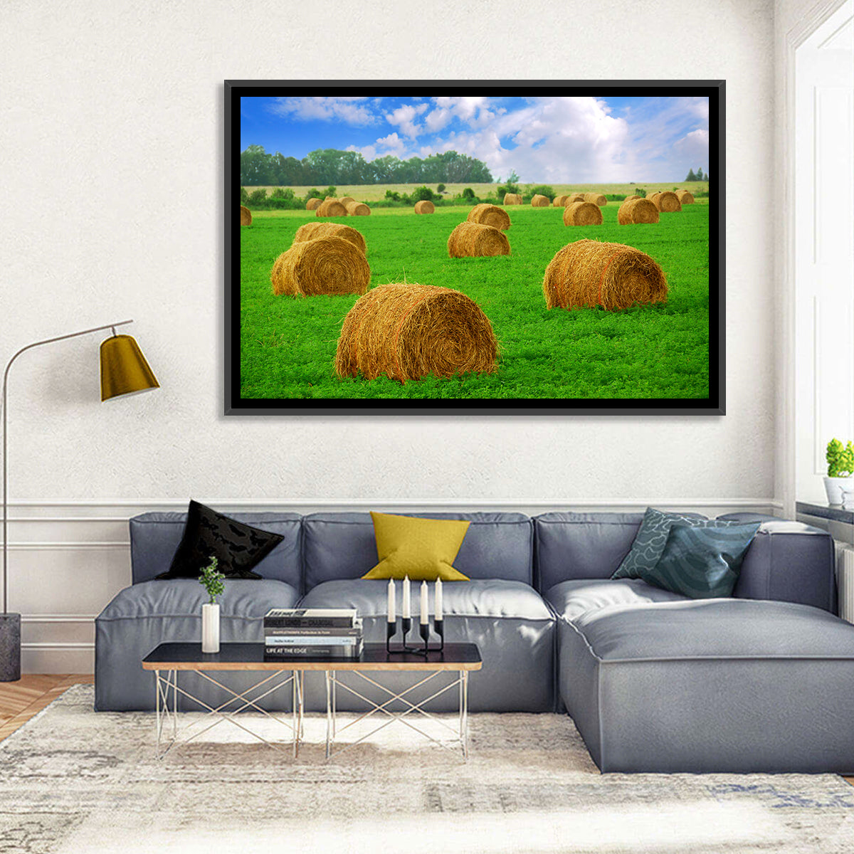 Golden Hay Bales in Green Field Wall Art in a room, landscape