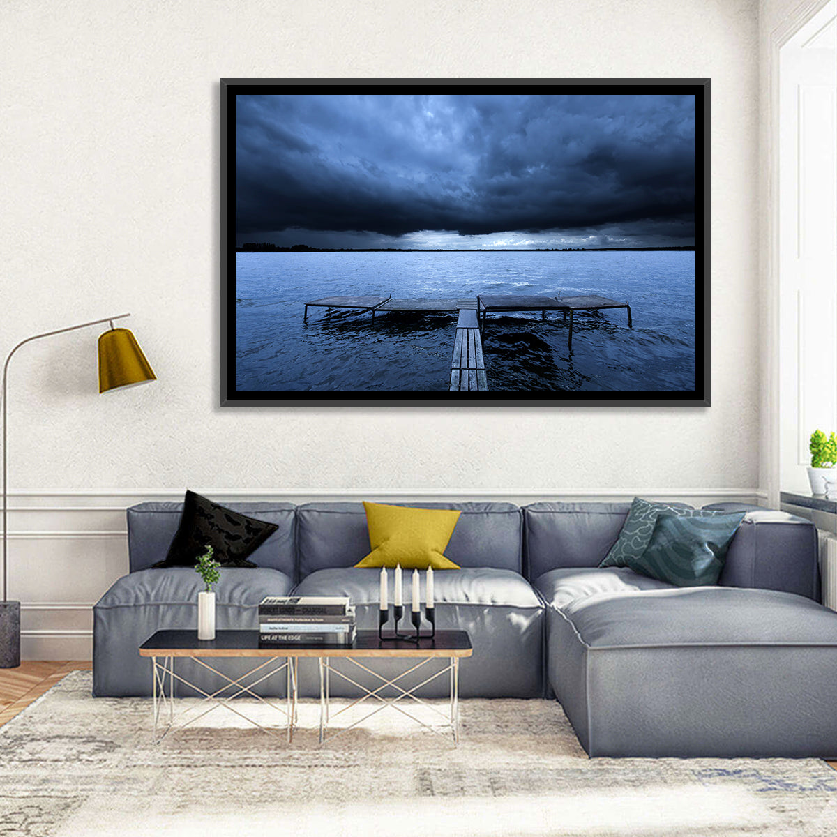 Stormy Lake Pier Wall Art in a room, landscape