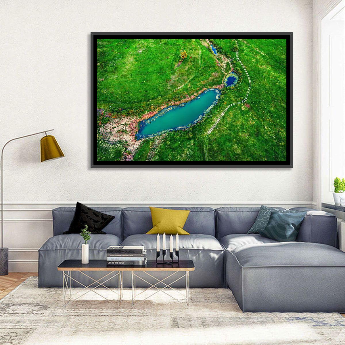 Meadows Lake Aerial Wall Art in a room, landscape