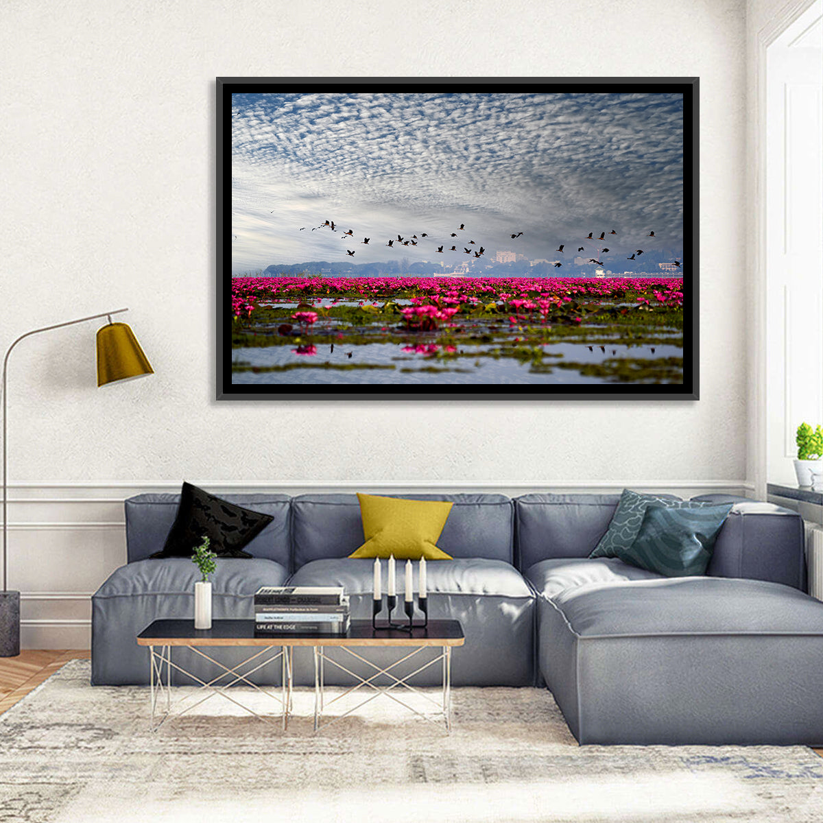 Red Lotus Lake Wall Art in a room, landscape