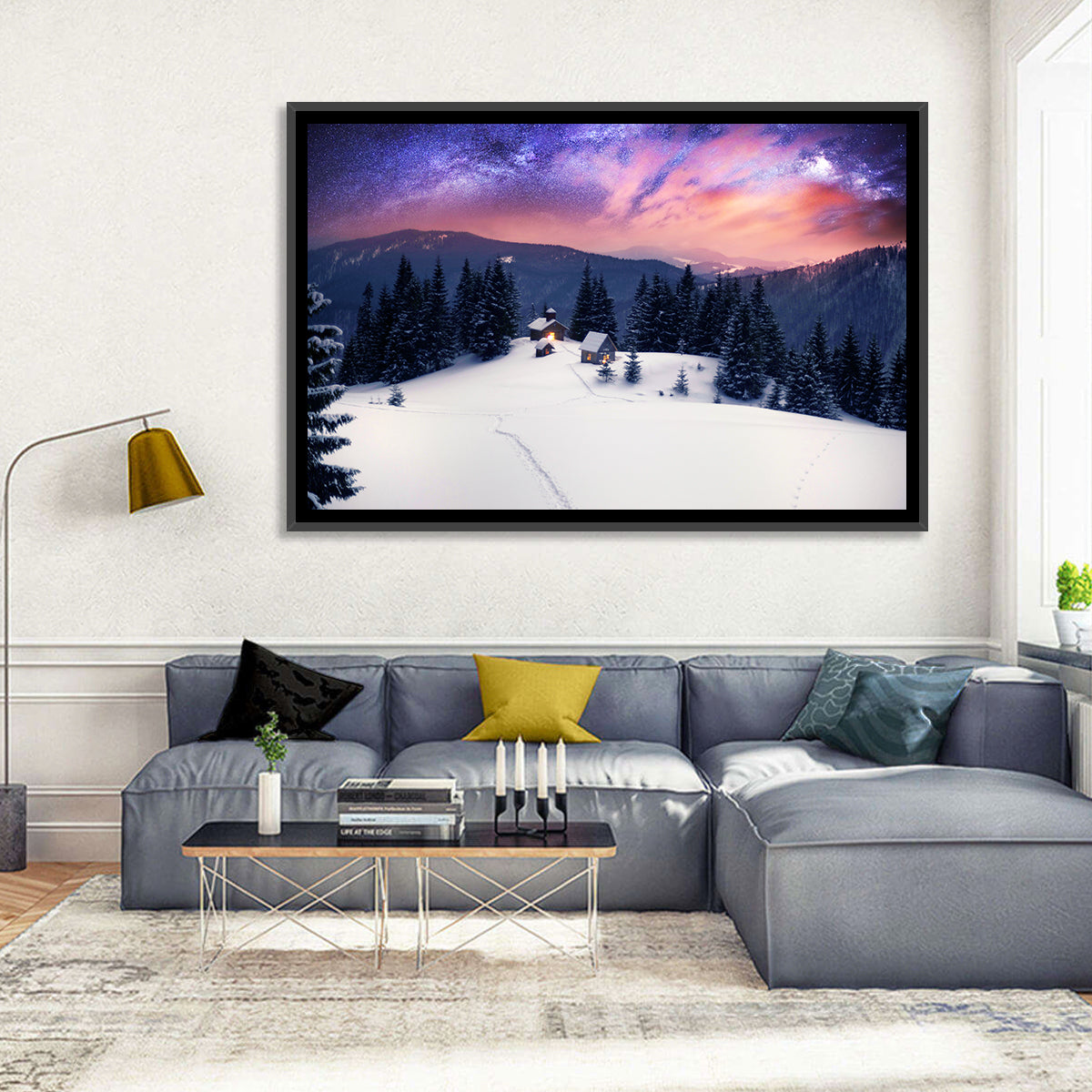 Starry Winter Cabins Under the Milky Way Wall Art in a room, landscape