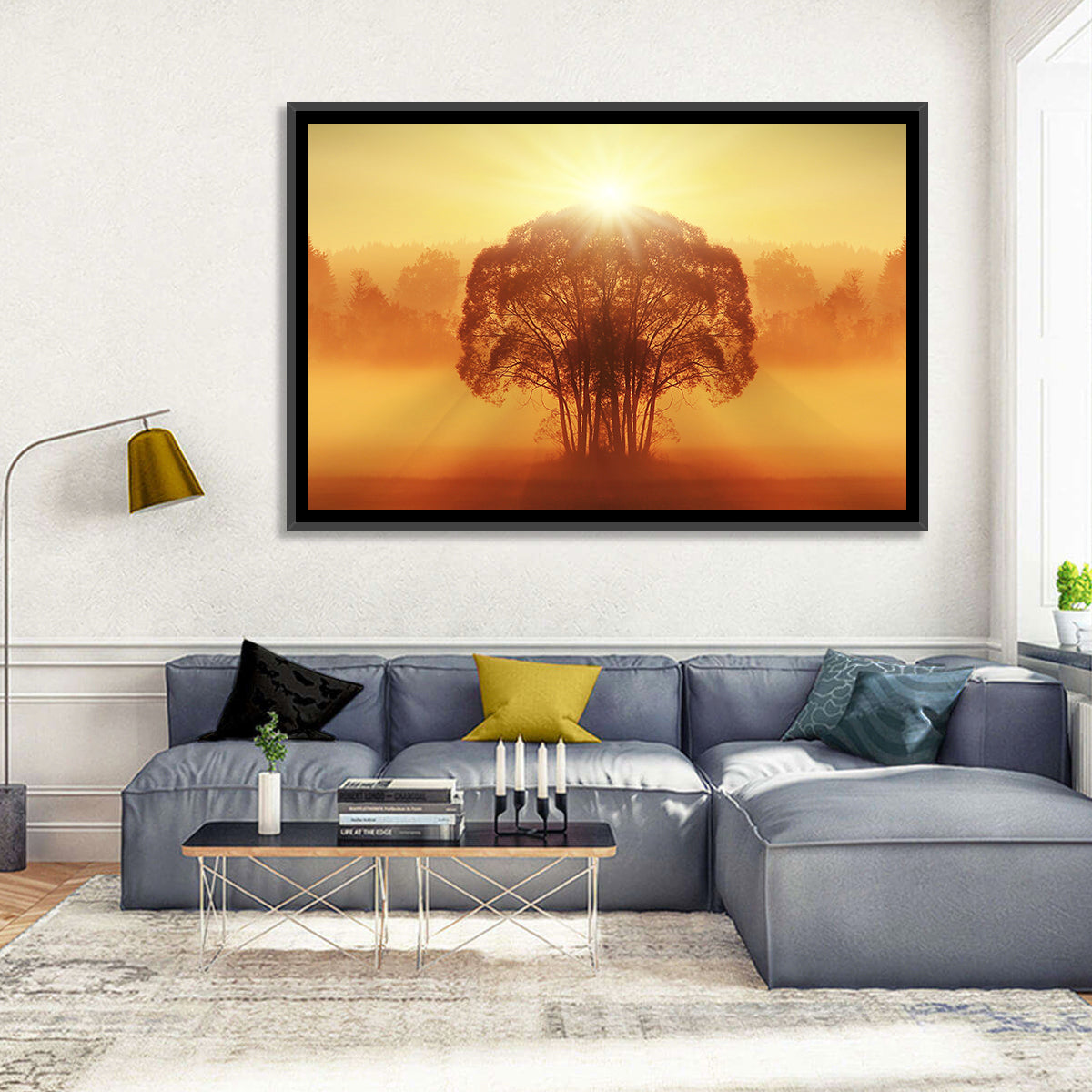 Golden Haze Tree at Sunset Wall Art in a room, landscape