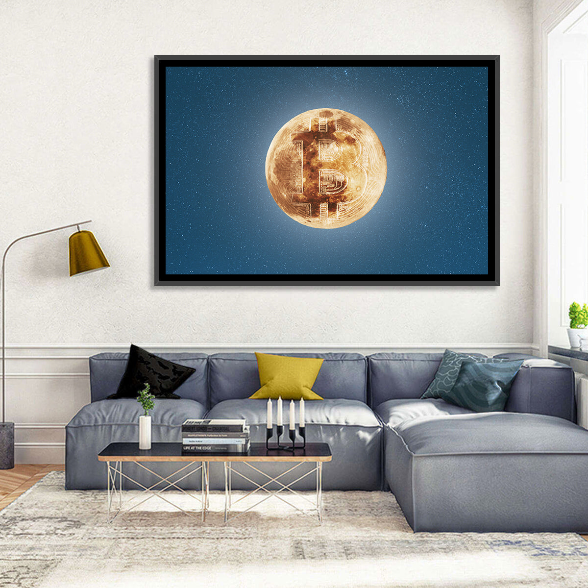 Bitcoin Circuit Moon Wall Art in a room, landscape