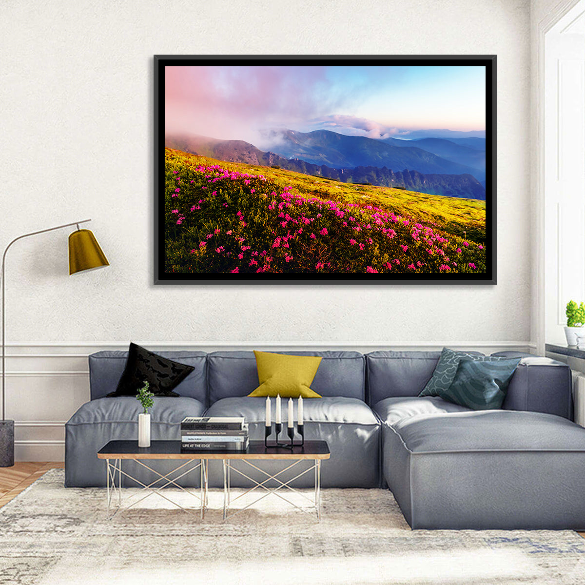 Alpine Rhododendron Meadow at Golden Hour Wall Art in a room, landscape