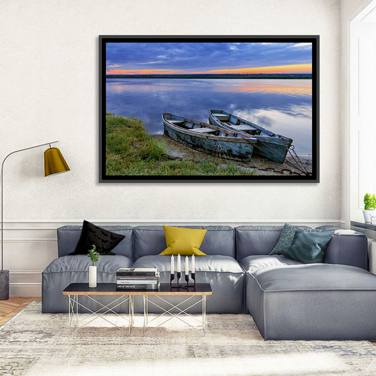 Chained Rowboats at Dusk Wall Art in a room, landscape