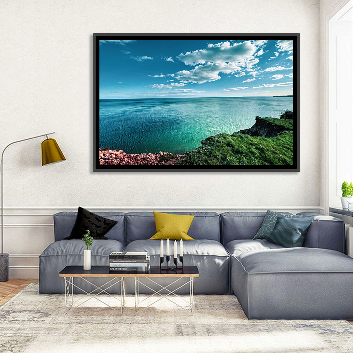 Coastal Cliffs Above a Turquoise Sea Wall Art in a room, landscape