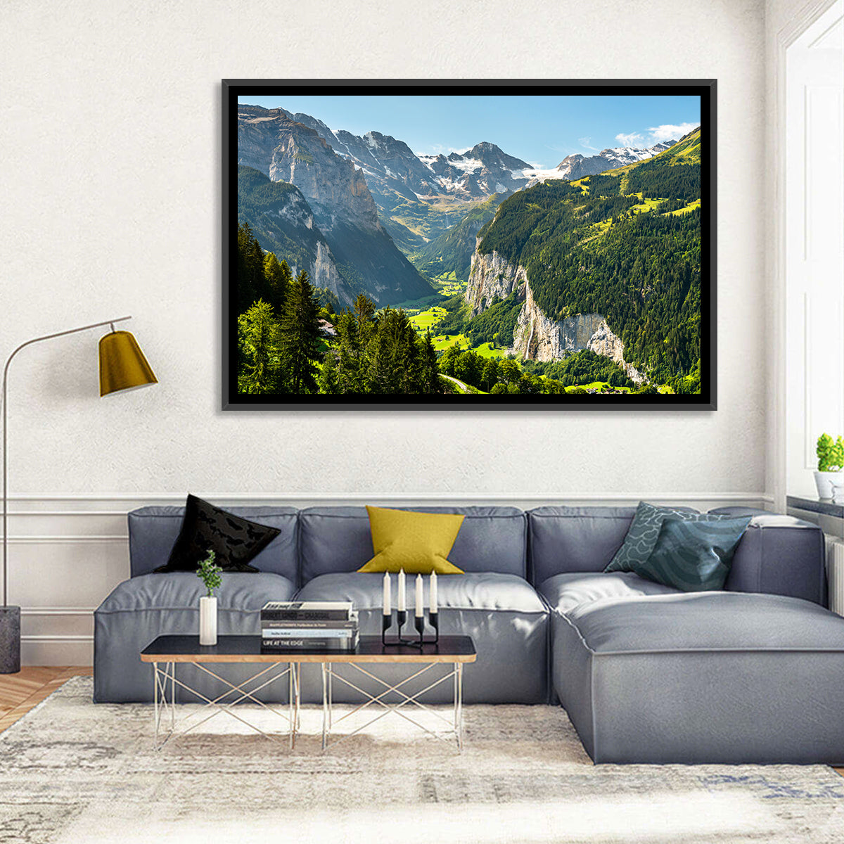 Lauterbrunnen Valley Waterfall View Wall Art in a room, landscape