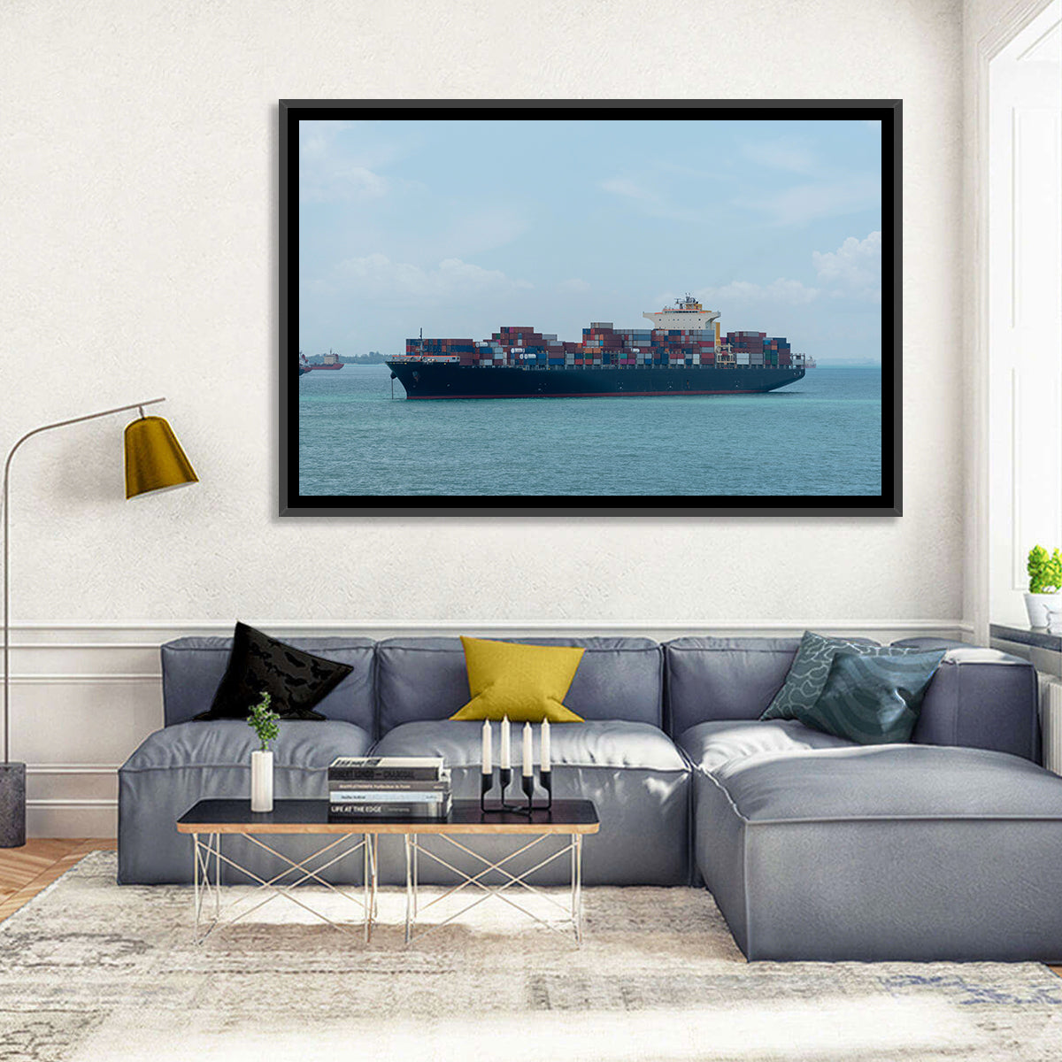 Harbor Container Ship at Sea Wall Art in a room, landscape