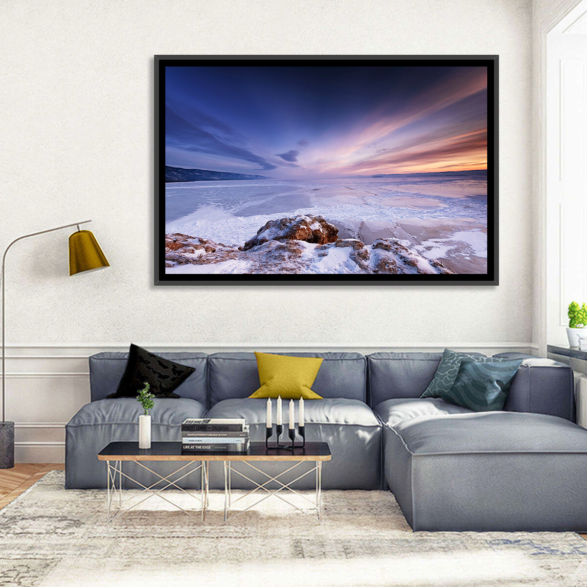 Frozen Lake Ice and Sunset Sky Wall Art in a room, landscape