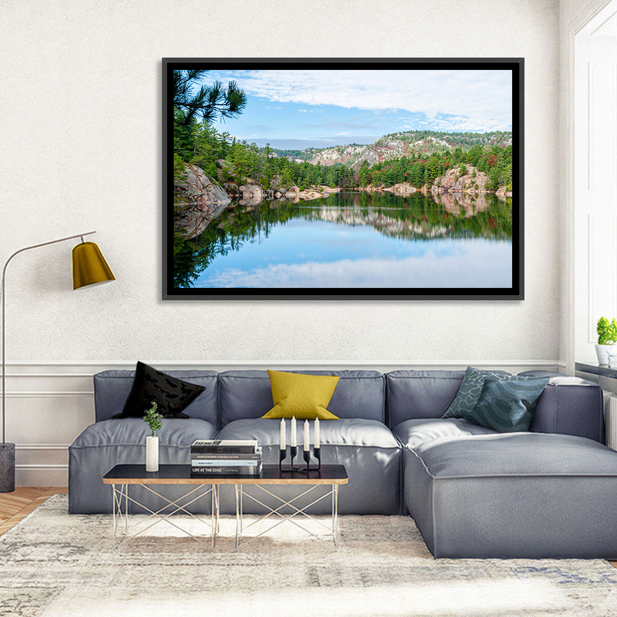 Mirror-quiet Lake and Pines Wall Art in a room, landscape