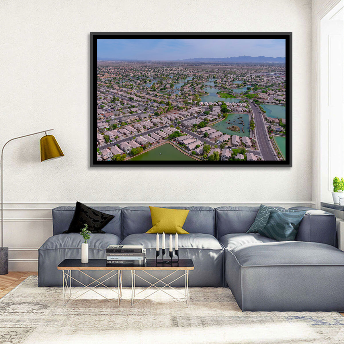 Aerial Desert Suburb with Lakes Wall Art in a room, landscape