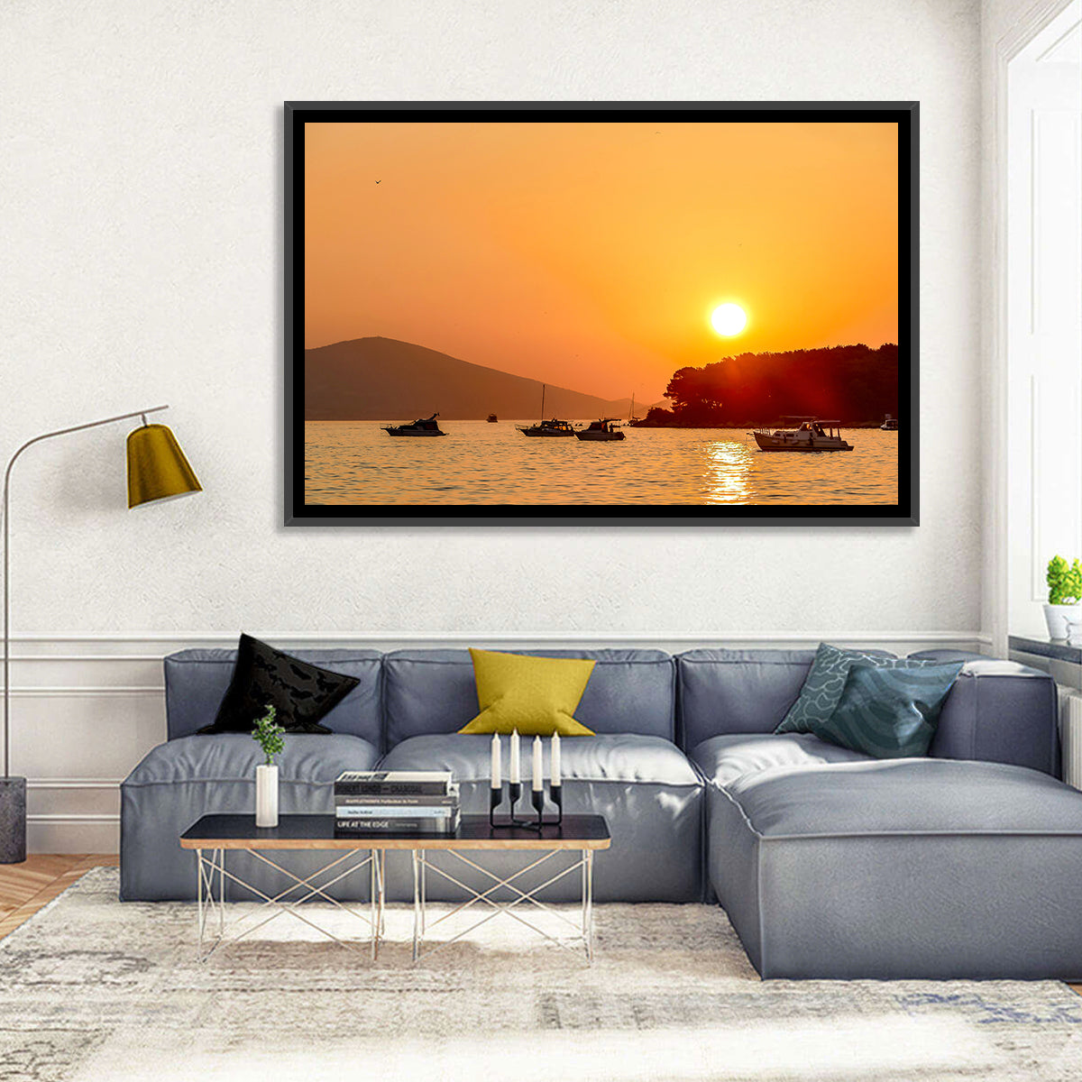 Golden Harbor Sunset Wall Art in a room, landscape