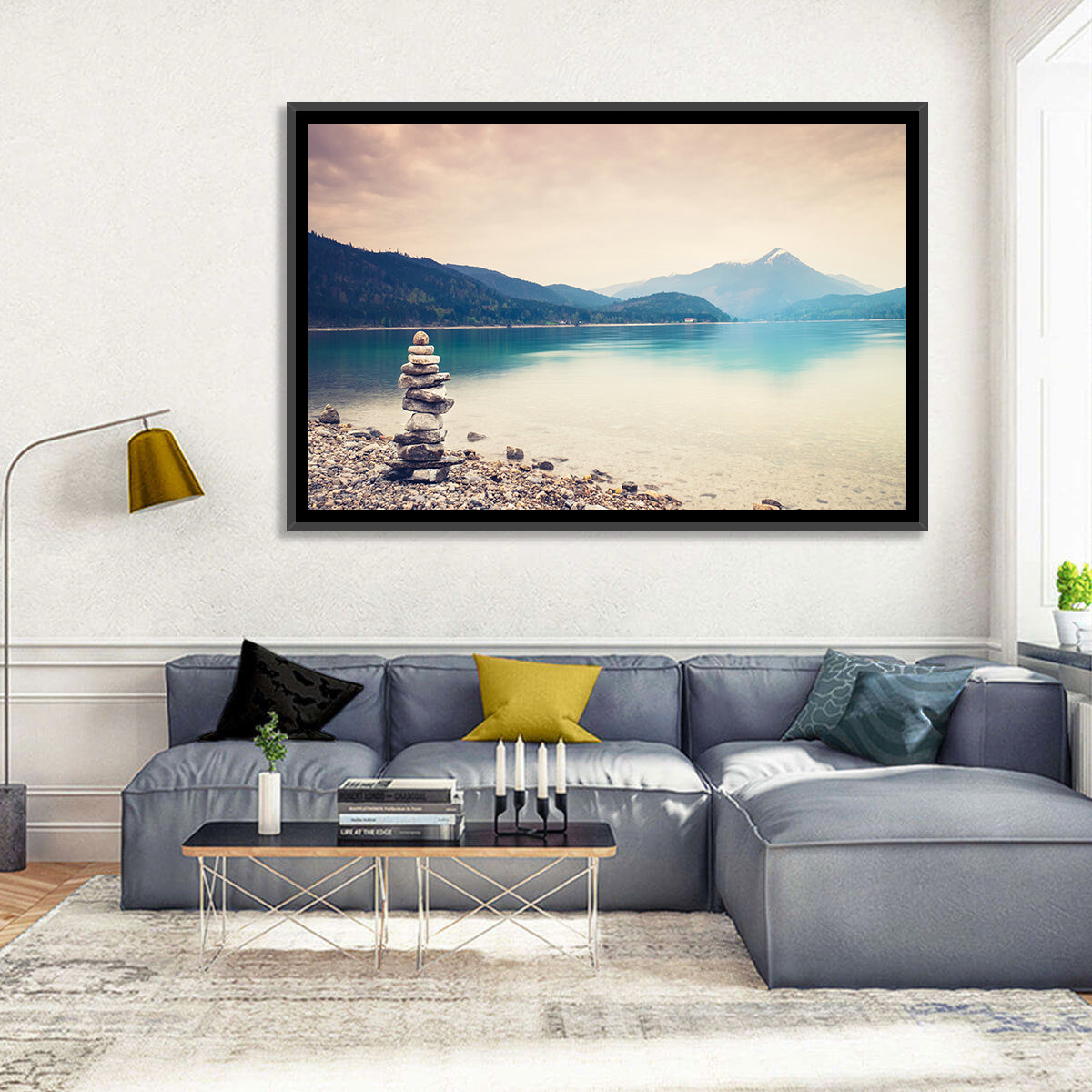 Stone Cairn by a Mountain Lake Wall Art in a room, landscape