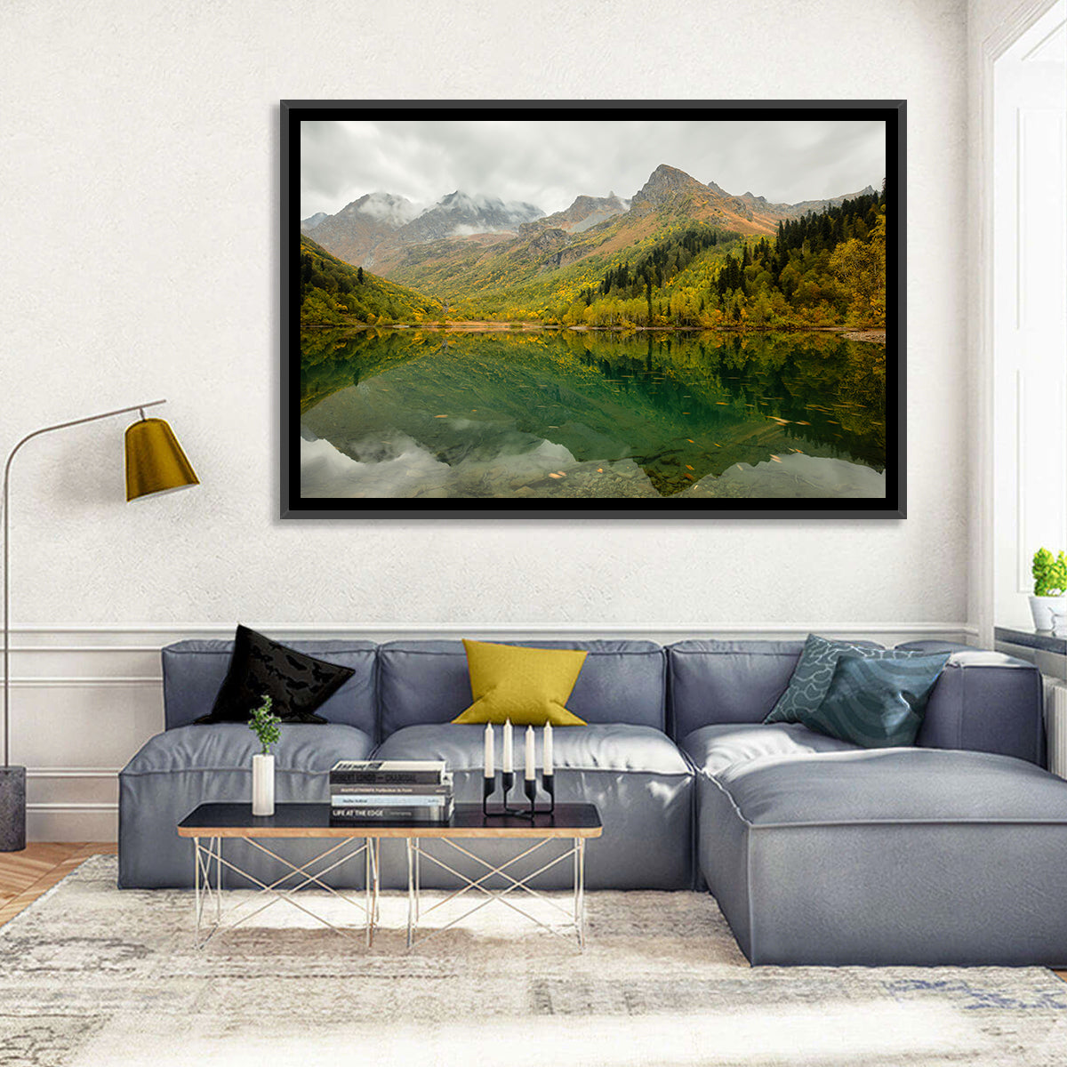 Kardyvach Lake Reflection Under Clouded Peaks Wall Art in a room, landscape