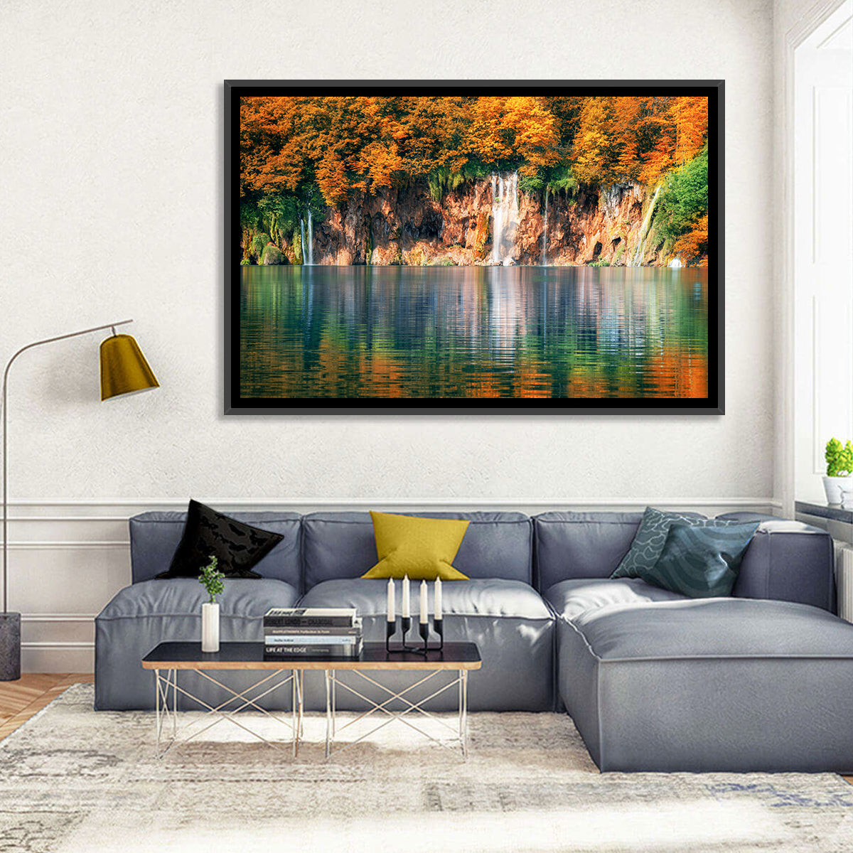 Autumn Reflections at Plitvice Lakes Wall Art in a room, landscape