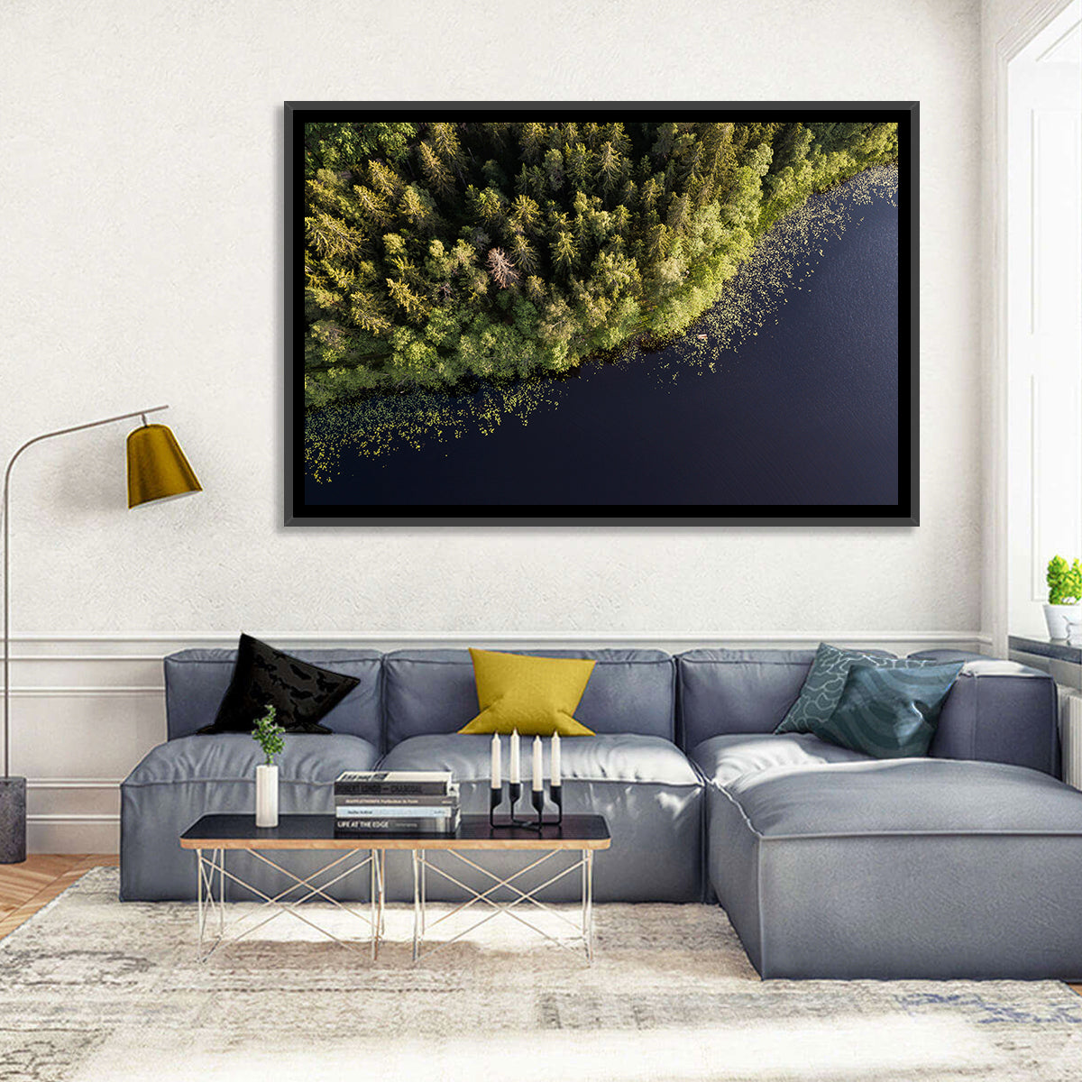 Aerial Lake with Red Boat Wall Art in a room, landscape