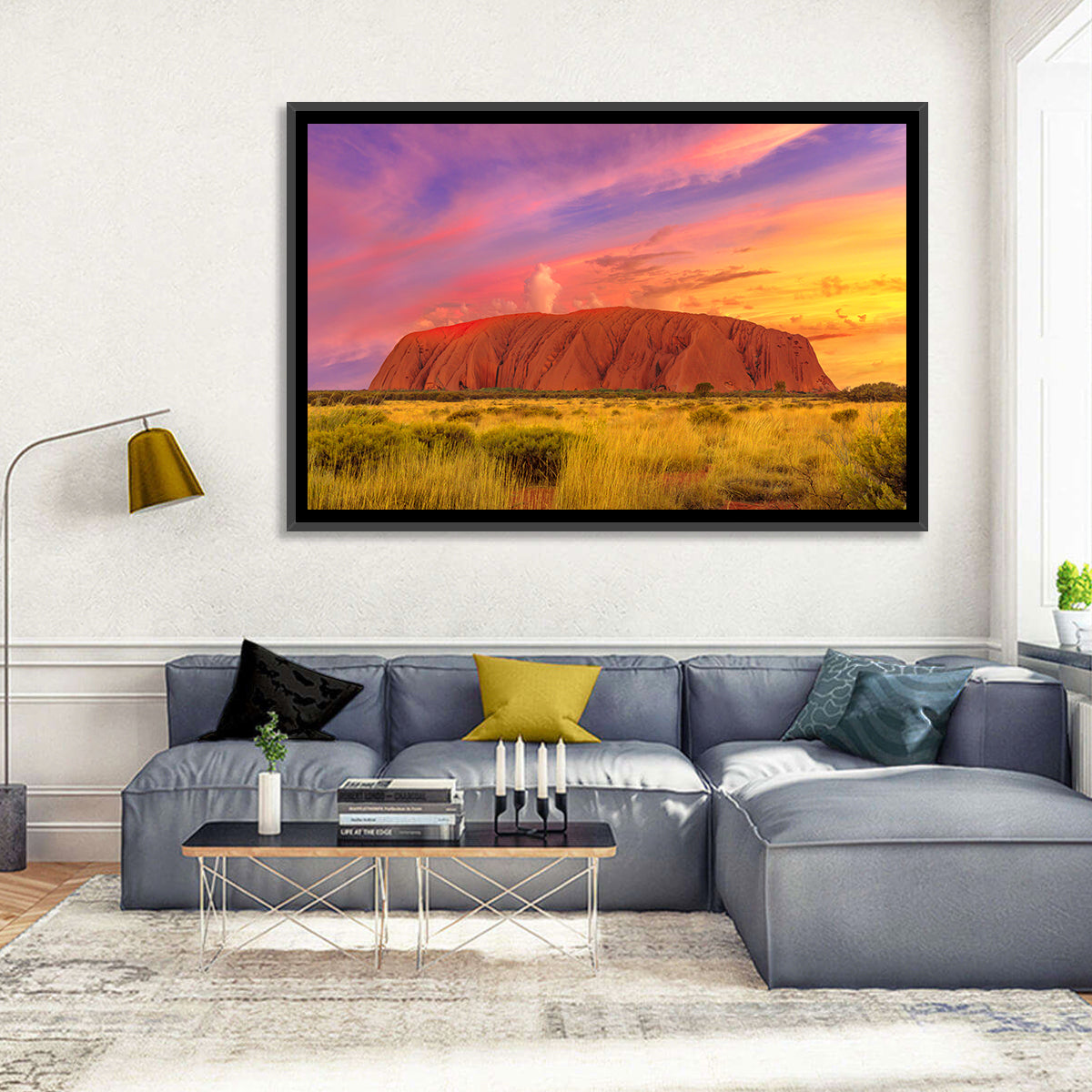 Uluru Golden Hour Sunset Wall Art in a room, landscape