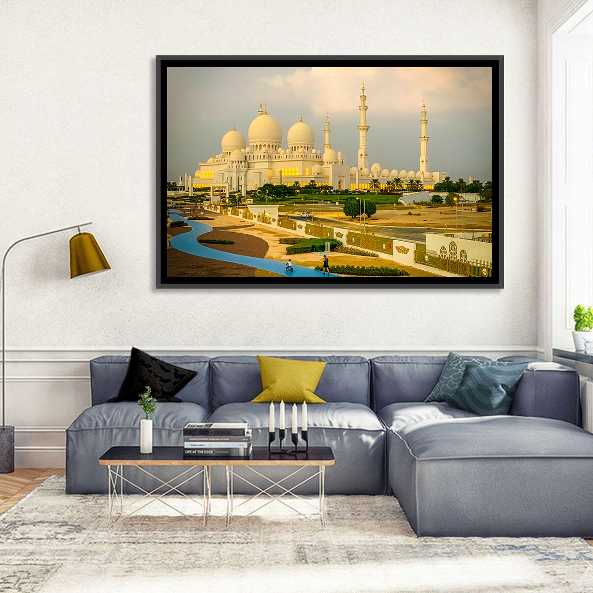 Sheikh Zayed Grand Mosque at Golden Dusk Wall Art in a room, landscape
