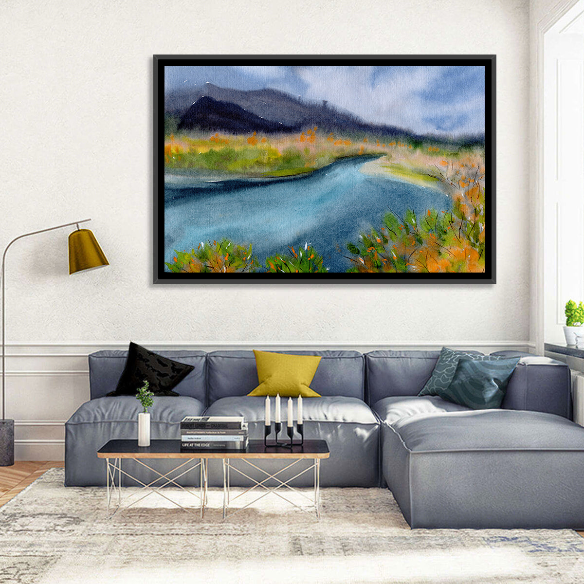 Misty Autumn River and Mountain Landscape Wall Art in a room, landscape