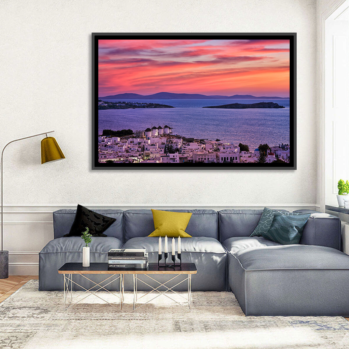 Mykonos Windmills at Sunset Wall Art in a room, landscape