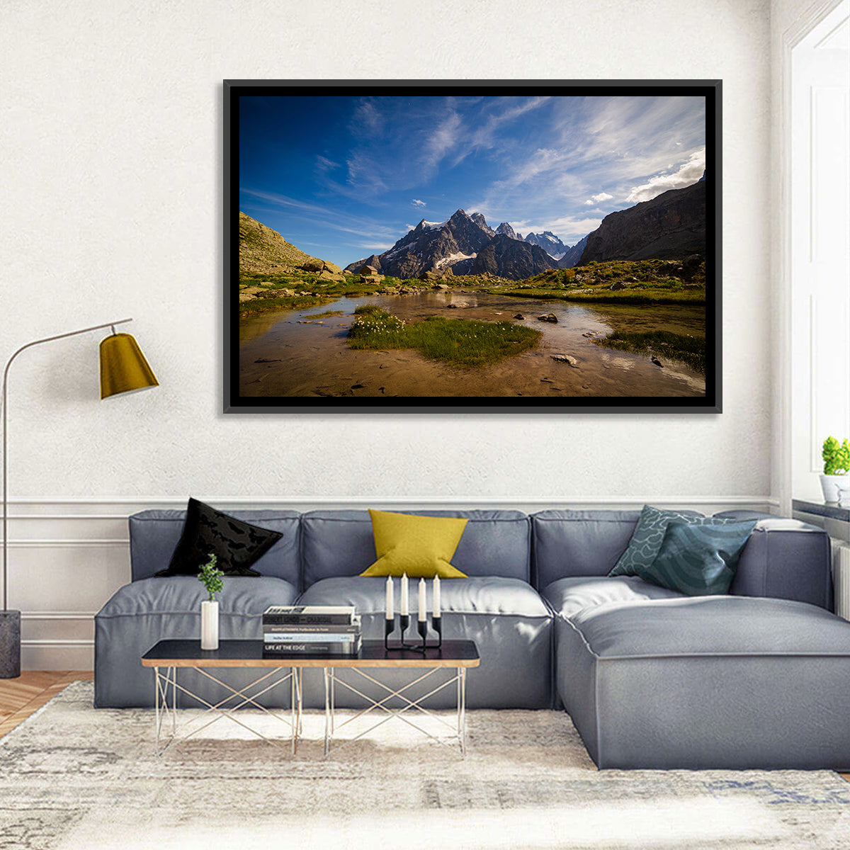 La Meije Alpine Lake and Stone Hut Wall Art in a room, landscape