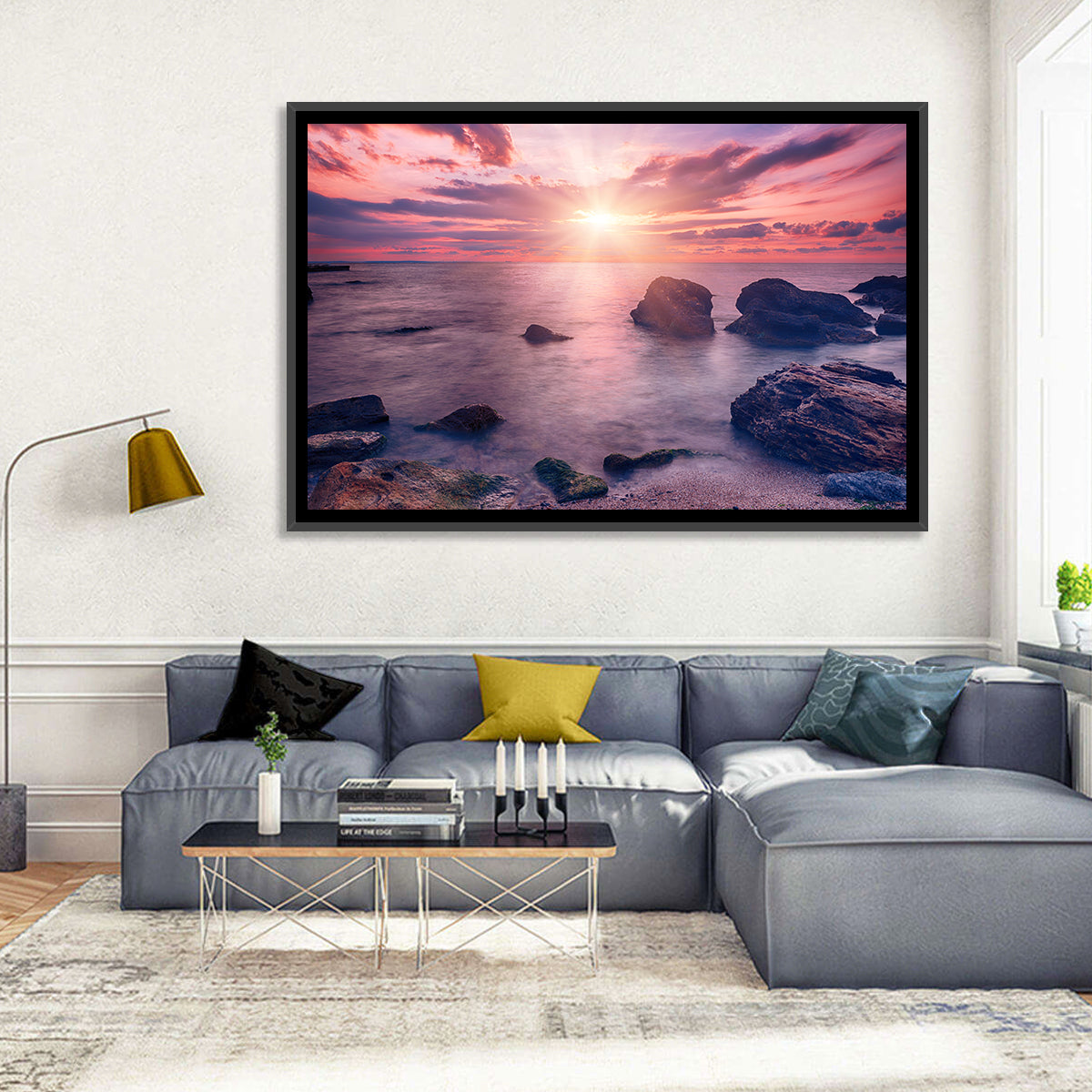 Ethereal Sea Sunrise Wall Art in a room, landscape