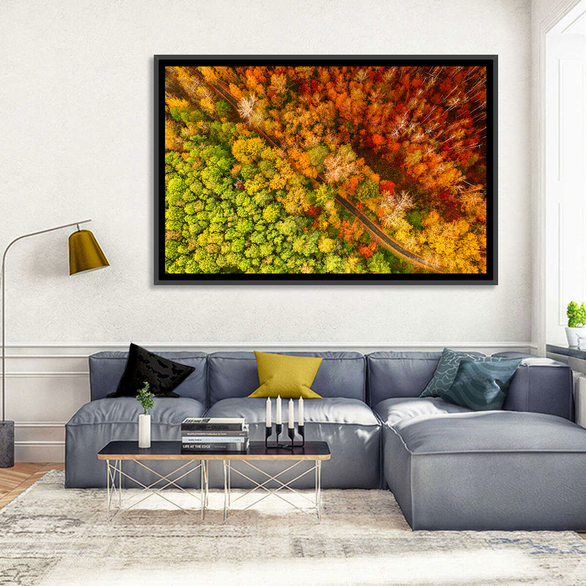 Winding Road Through Autumn Forest Wall Art in a room, landscape