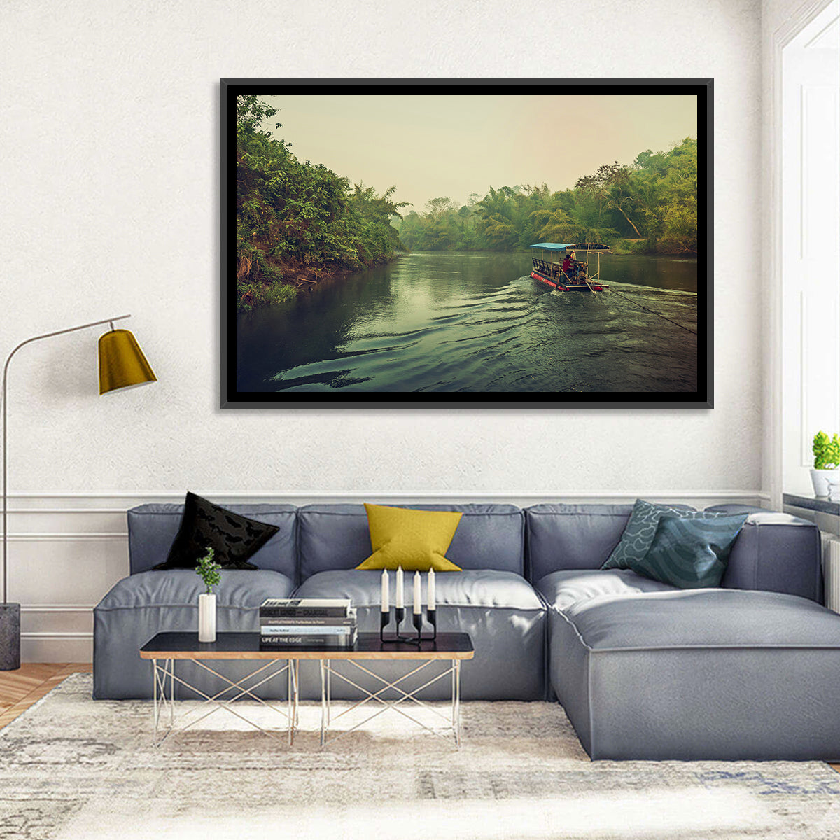 Misty Long-tail Boat on River Kwai Wall Art in a room, landscape