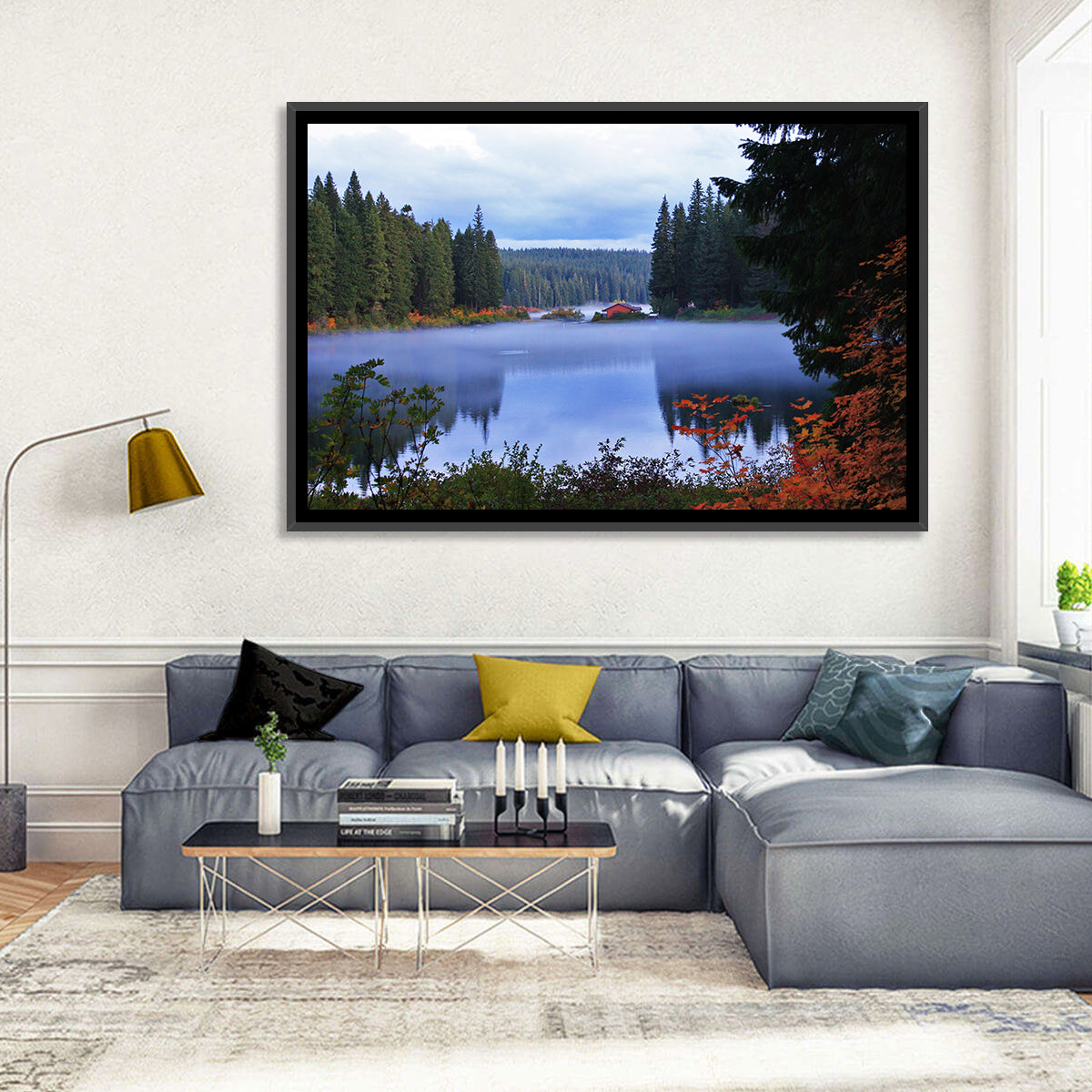 Lynn County Lake Cabin Reflection Wall Art in a room, landscape
