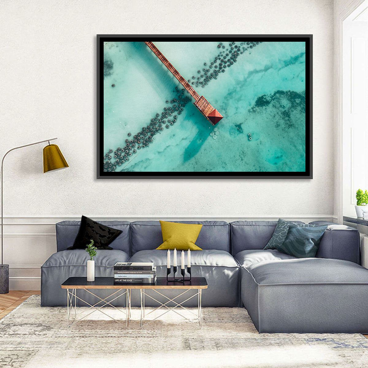 Aerial Red Pier Over Turquoise Water Wall Art in a room, landscape